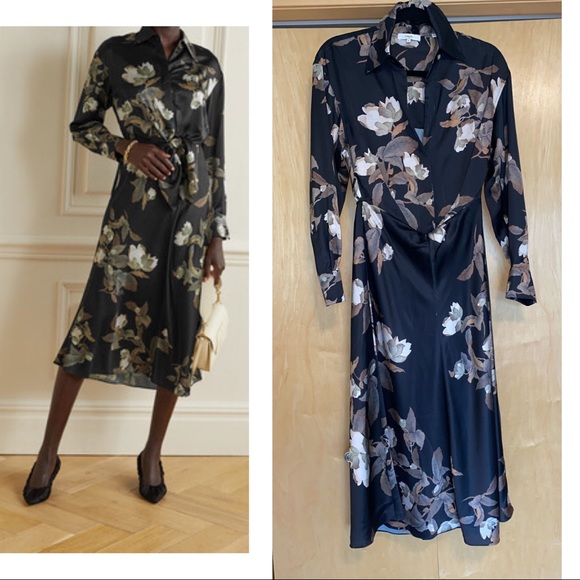 Vince Dresses & Skirts - Vince Lisianthus Tie-front Floral-print Satin Midi Shirt Dress - Black